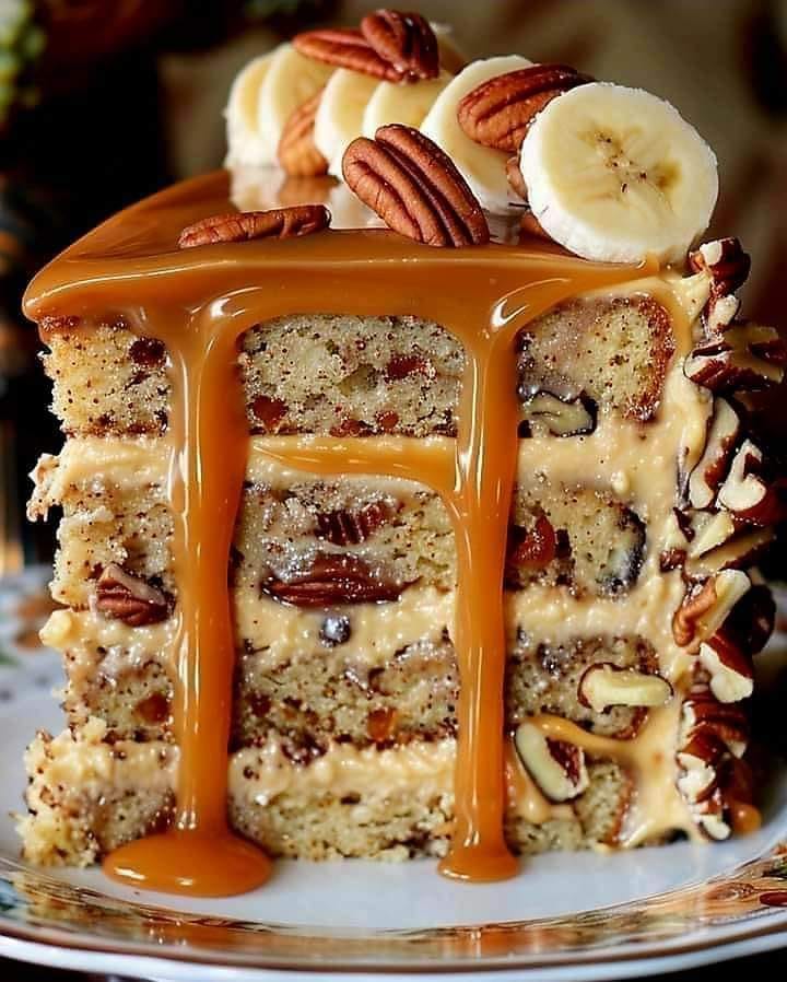 Delicious Banana Pecan Caramel Layer Cake Recipe