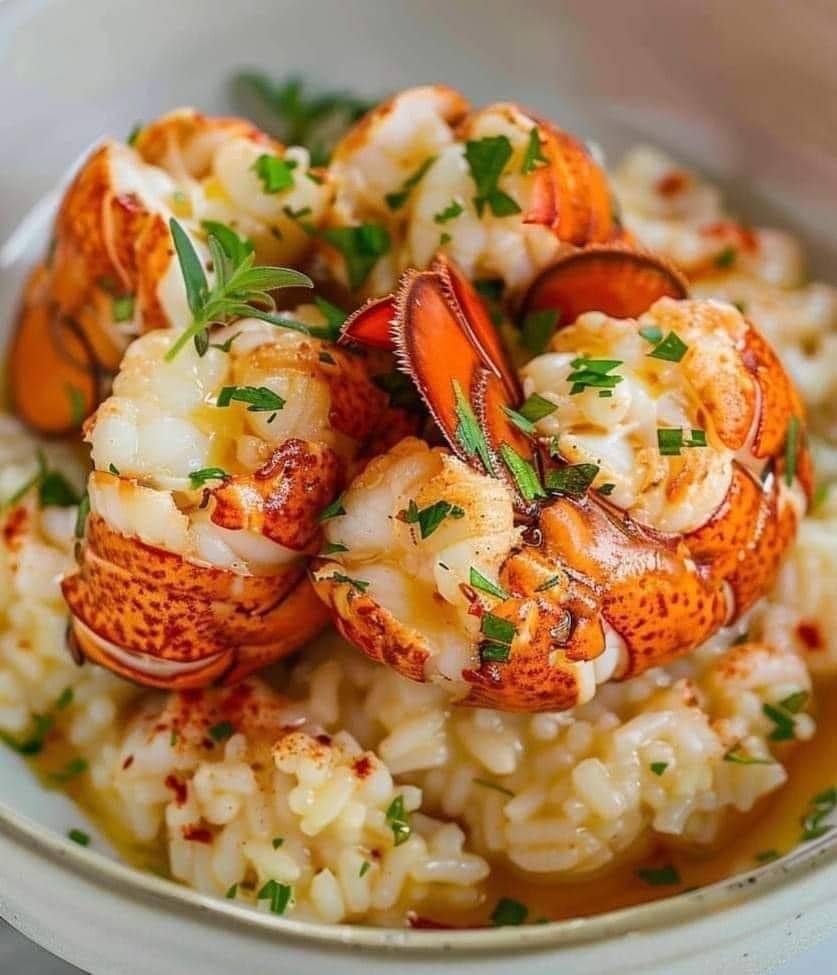 Butter-poached lobster tails with risotto