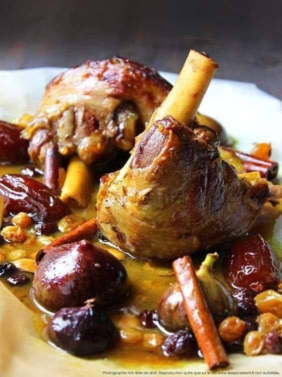 Lamb shanks with some pretty fresh fruits, soft fruits and dried fruits