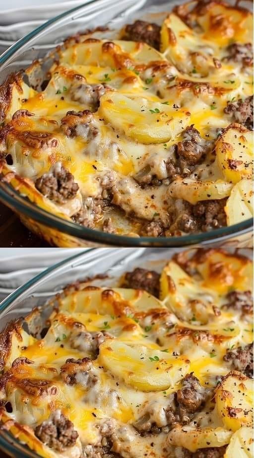 Baked dish with potatoes and ground beef