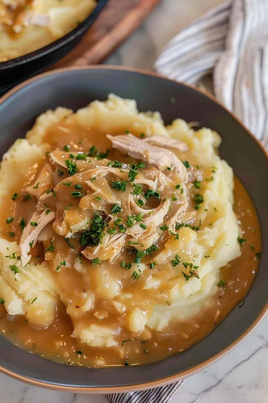 Shredded Chicken Gravy on Mashed Potatoes 