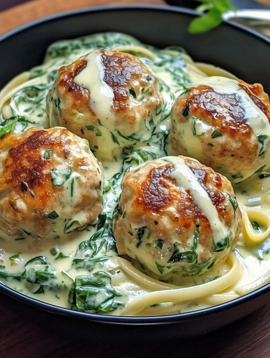 Chicken Ricotta Meatballs with Spinach Alfredo Sauce