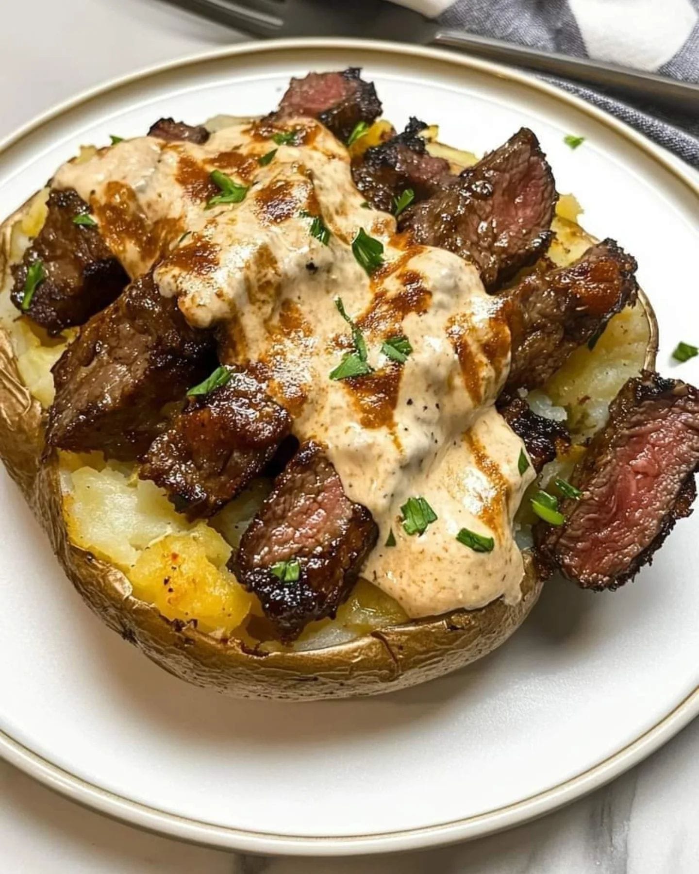 Loaded Baked Potato with Steak Bites 