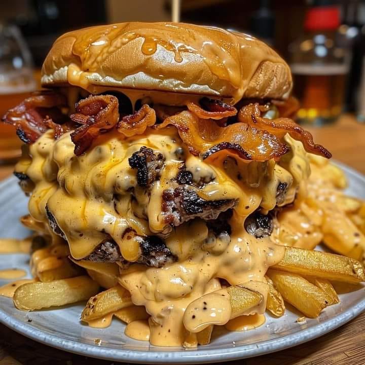 INSANE CHEESEBURGER SMOTHERED IN A CHEESY BEER SAUCE, TOPPED WITH SPICY CANDIED BACON AND A MOUND OF CRUNCHY FRIES! 