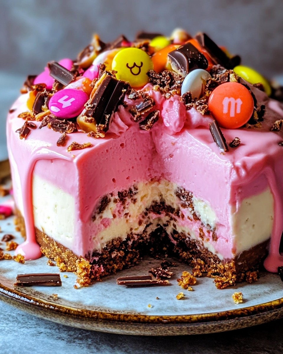 Pink Paradise No-Bake M&M and Toffee Cheesecake 