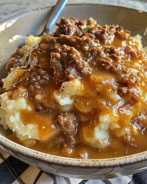 Ground Beef and Gravy Over Mashed Potatoes: