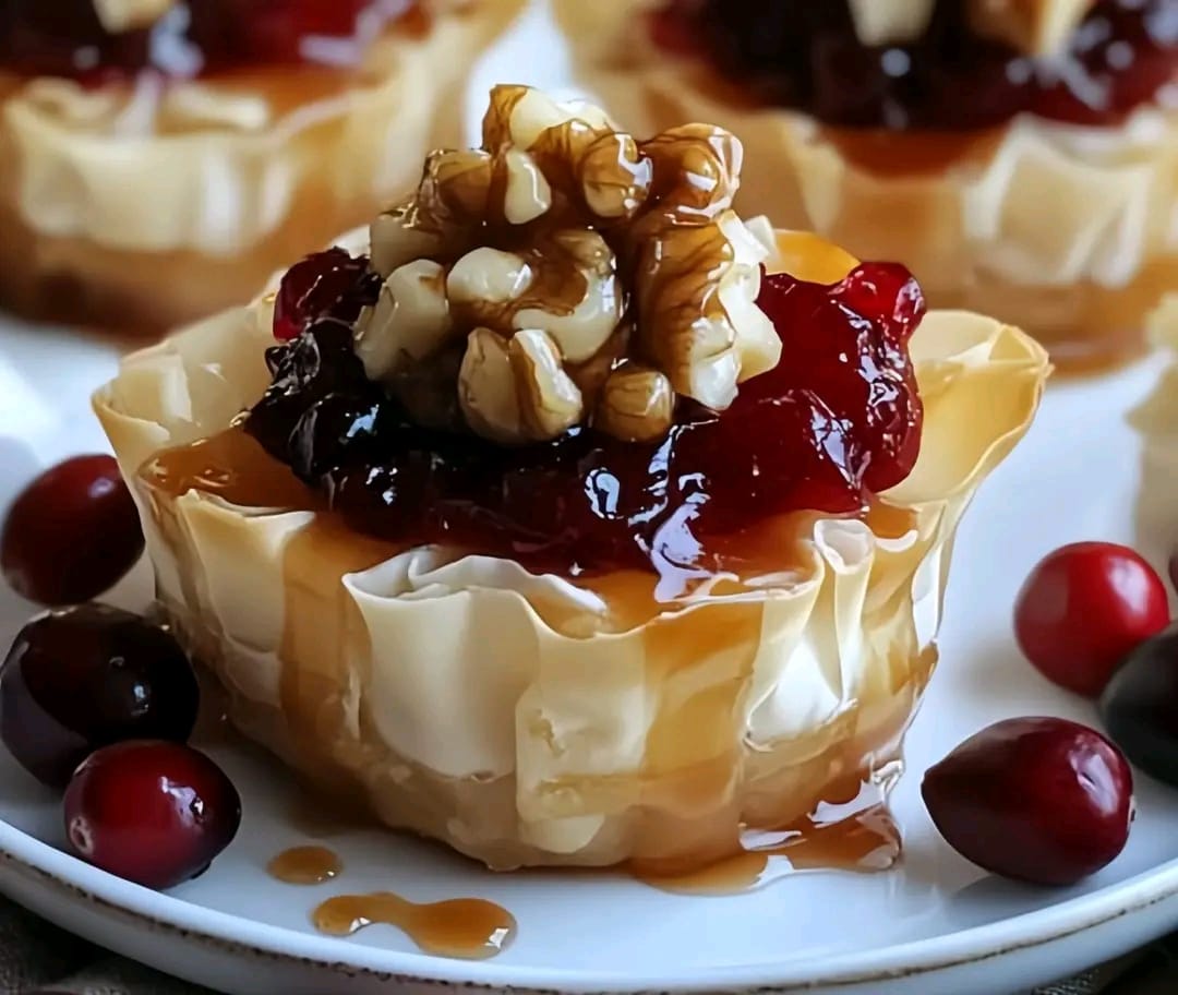 Brie Phyllo Cups with Cranberries, Walnuts & Maple Syrup