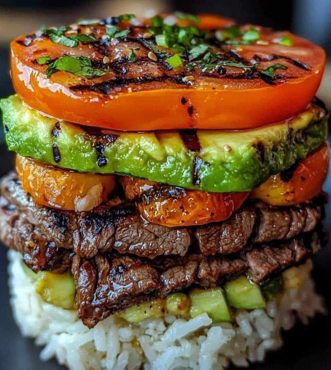 Grilled Beef Tomato Avocado Rice Stack