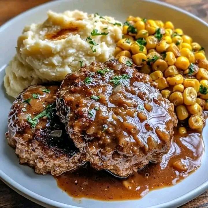 Salisbury Steak with Garlic Mashed Potatoes and Corn 