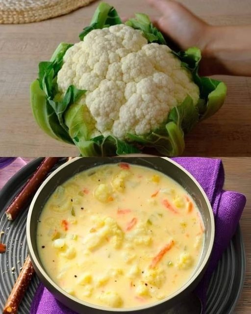 Soup with cauliflower, leeks, and cheddar cheese.