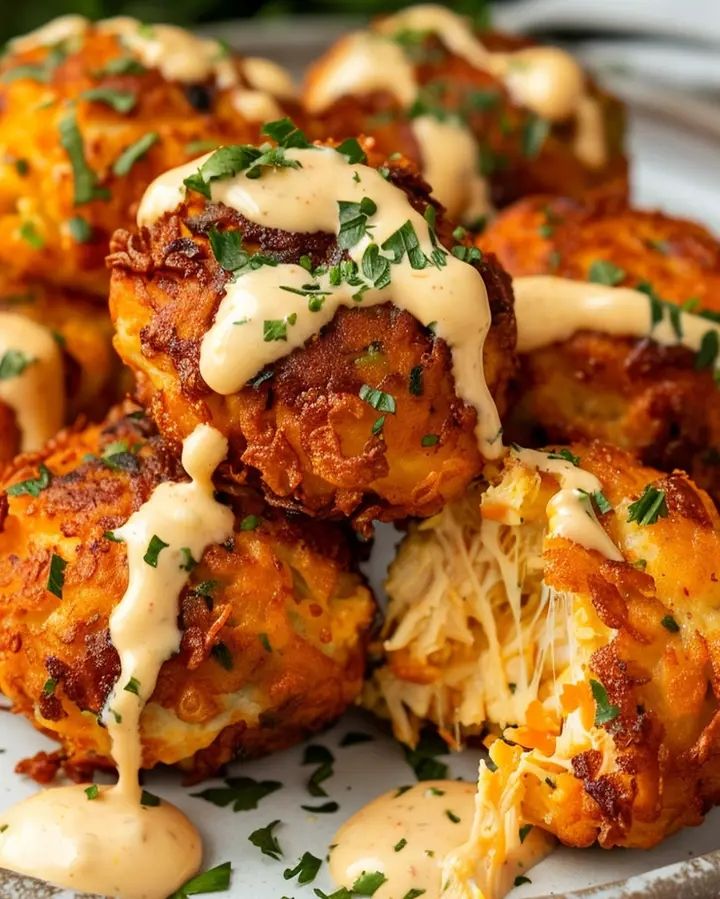  Cheesy Chicken Fritterss with a Spicy Mayo Drizzle