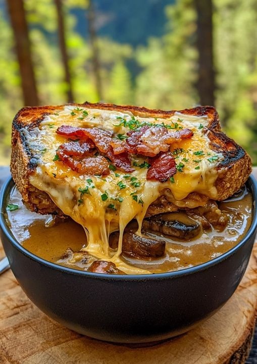  Mushroom & Caramelized Onion Soup with Cheesy Toasties and Bacon 