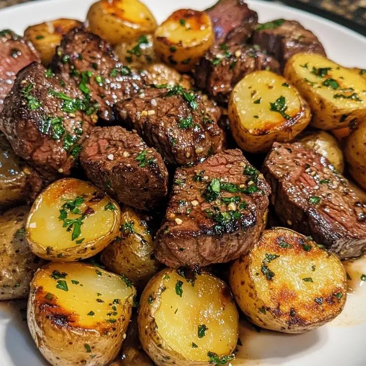 Air Fryer Garlic Butter Steak Bites and Potatoes