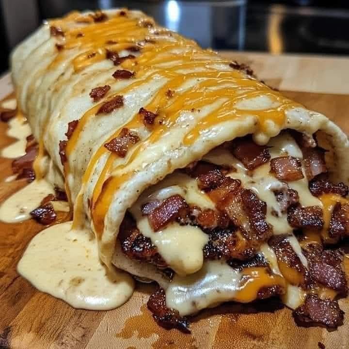 HUGE BACON CHEESEBURGER BURRITO WITH A PILE OF BACON AND CREAMY CHEESE SAUCE!