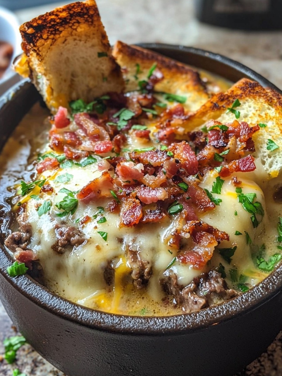 One-Pot Philly Cheesesteak Soup with Bacon and Cheesy Toast