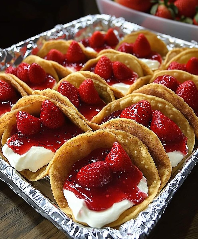 This recipe combines the sweet and tangy flavors of strawberry and cheesecake in a fun and portable taco-shaped dessert.