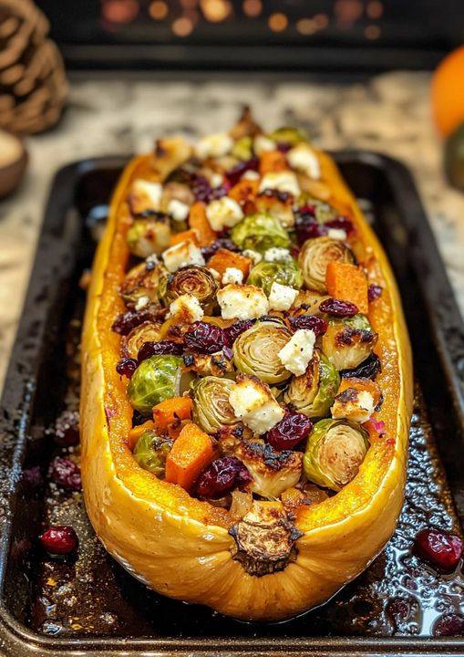 Sweet and Savory Honey Roasted Butternut Squash Stuffed with Brussels Sprouts, Beets, Carrots, Cranberries, and Feta