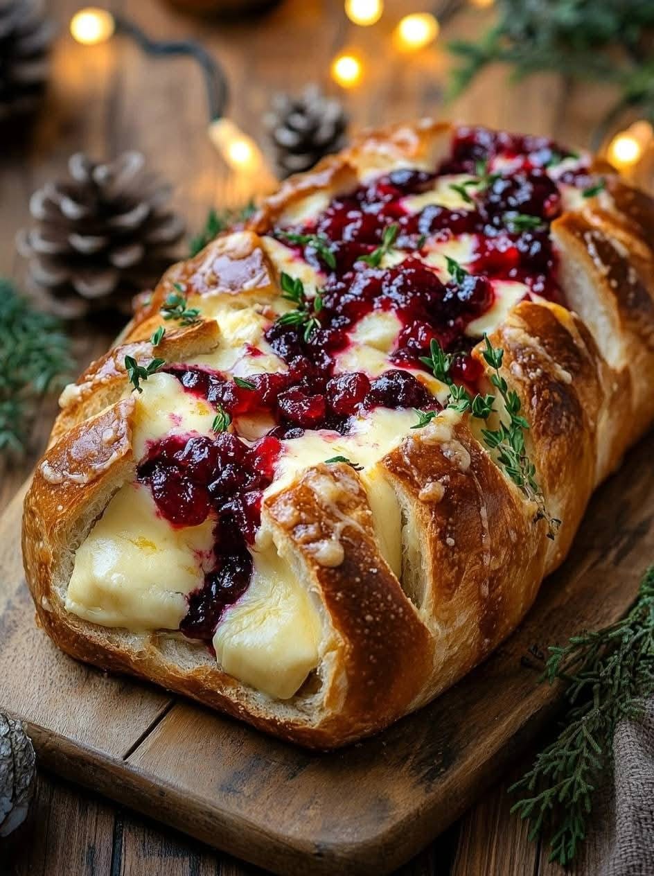 Garlic Herb Sourdough Bread Stuffed with Brie and Cranberry Sauce