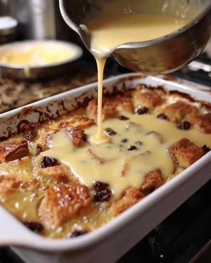 Grandmas Old Fashioned Bread Pudding with Vanilla Sauce”