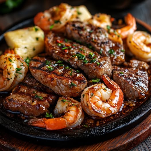 Would you eat this Sizzling Garlic-Glazed Steak & Shrimp Medley ?