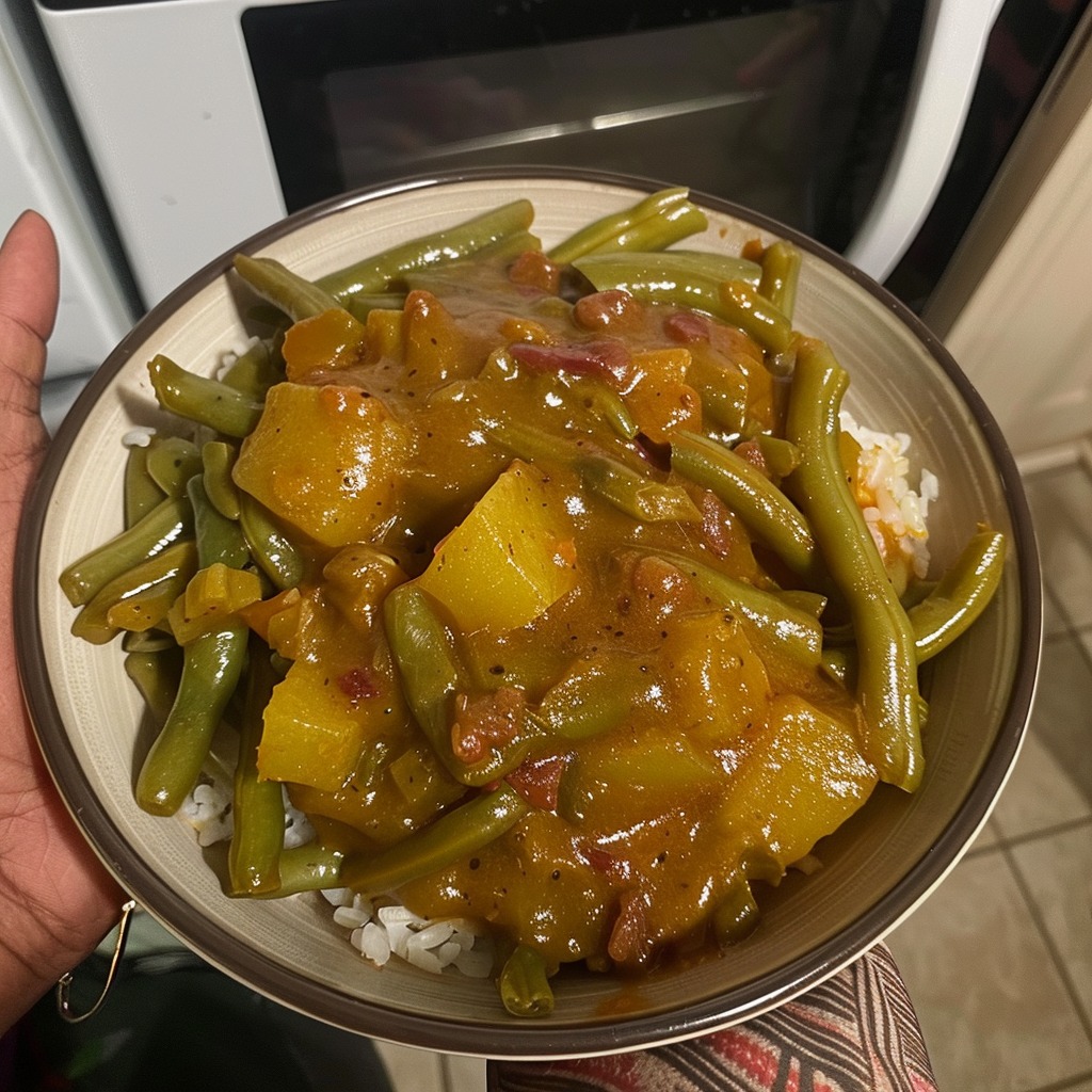 Vegan Spicy Smothered Green Beans Over Rice Delicious