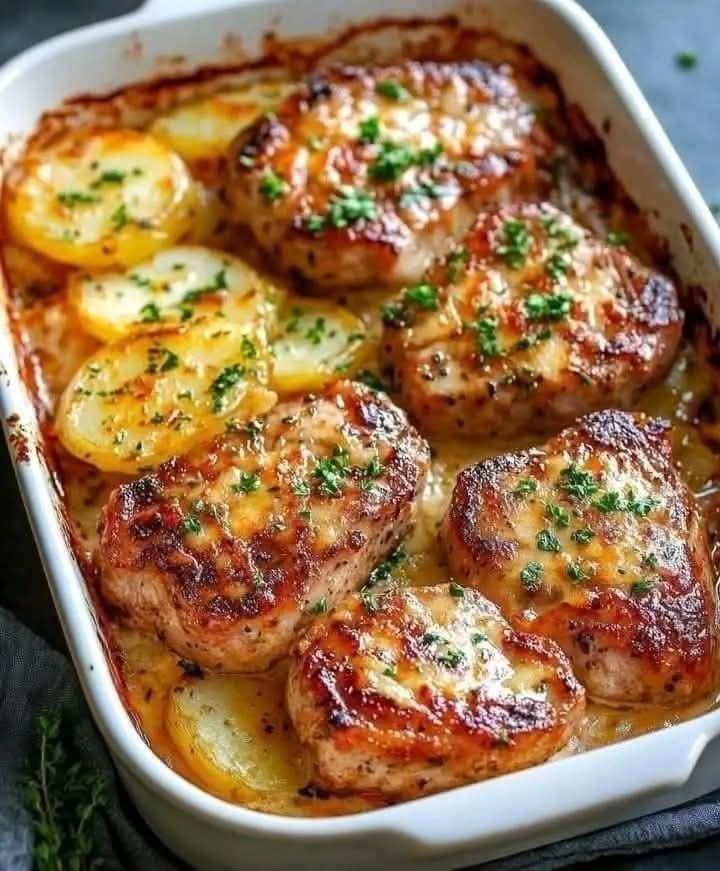 Garlic Parmesan Pork Chops with Cheesy Scalloped Potatoes