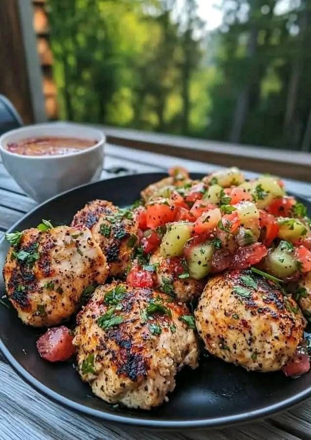 Garlic Cilantro Chicken Bites with Kiwi Strawberry Salsa