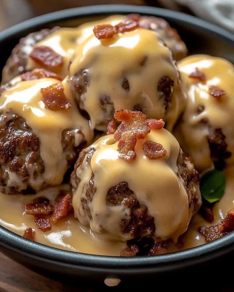  Meatballs with Creamy Cheese Sauce and Crispy Bacon