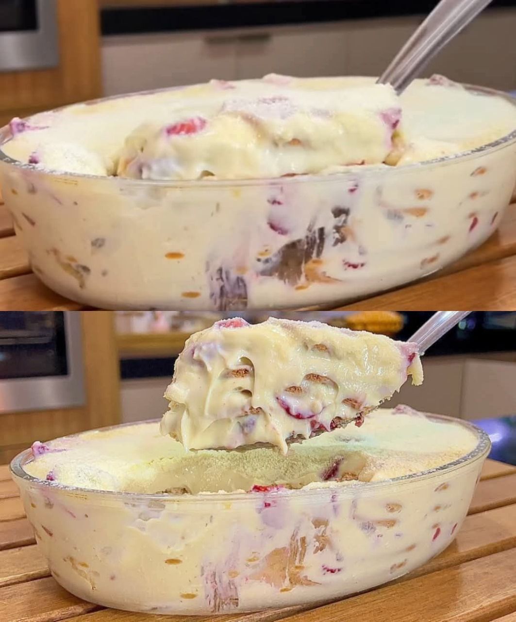 Layered dessert with cream, biscuits and fruits