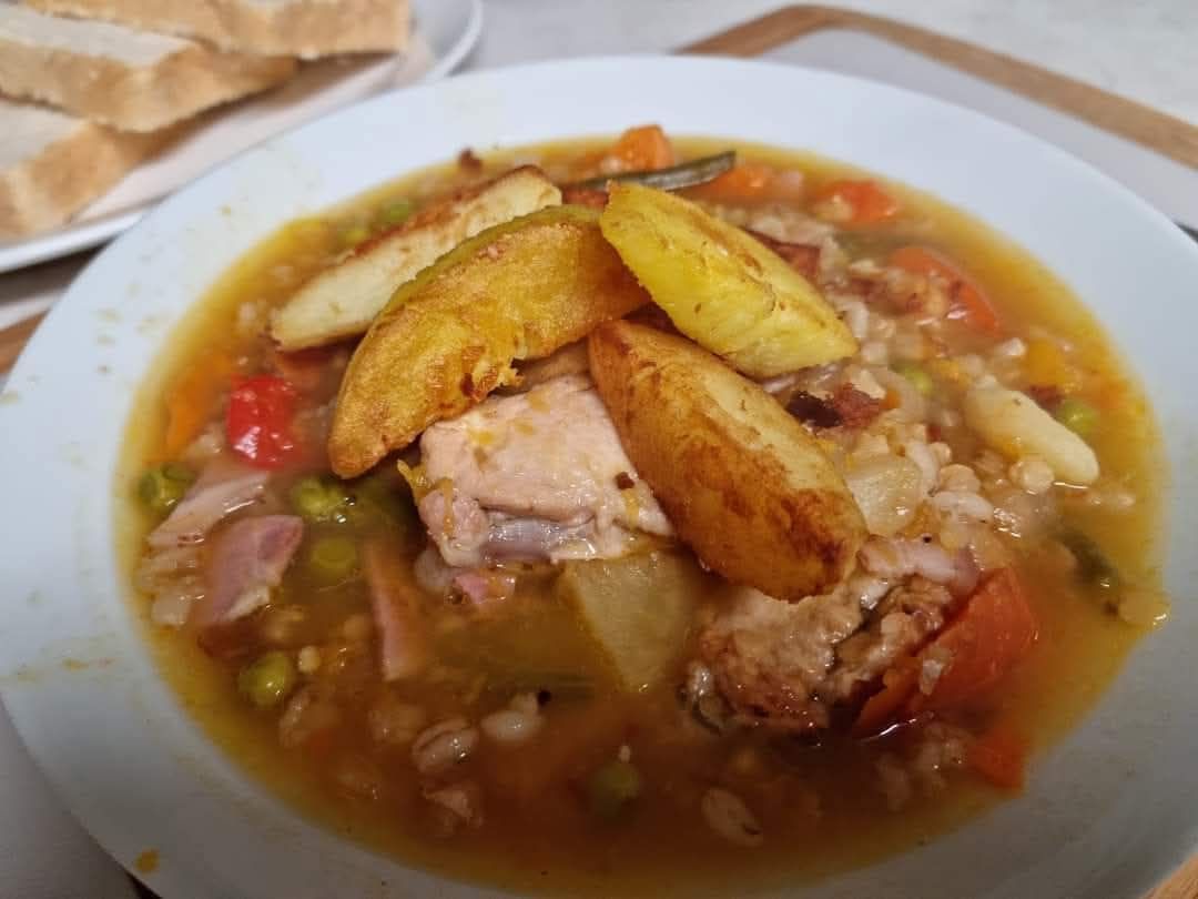 Roasted Chicken, Roasted Vegetables, Bacon, Pearl Barley & Red Lentil Soup with homemade wedges: