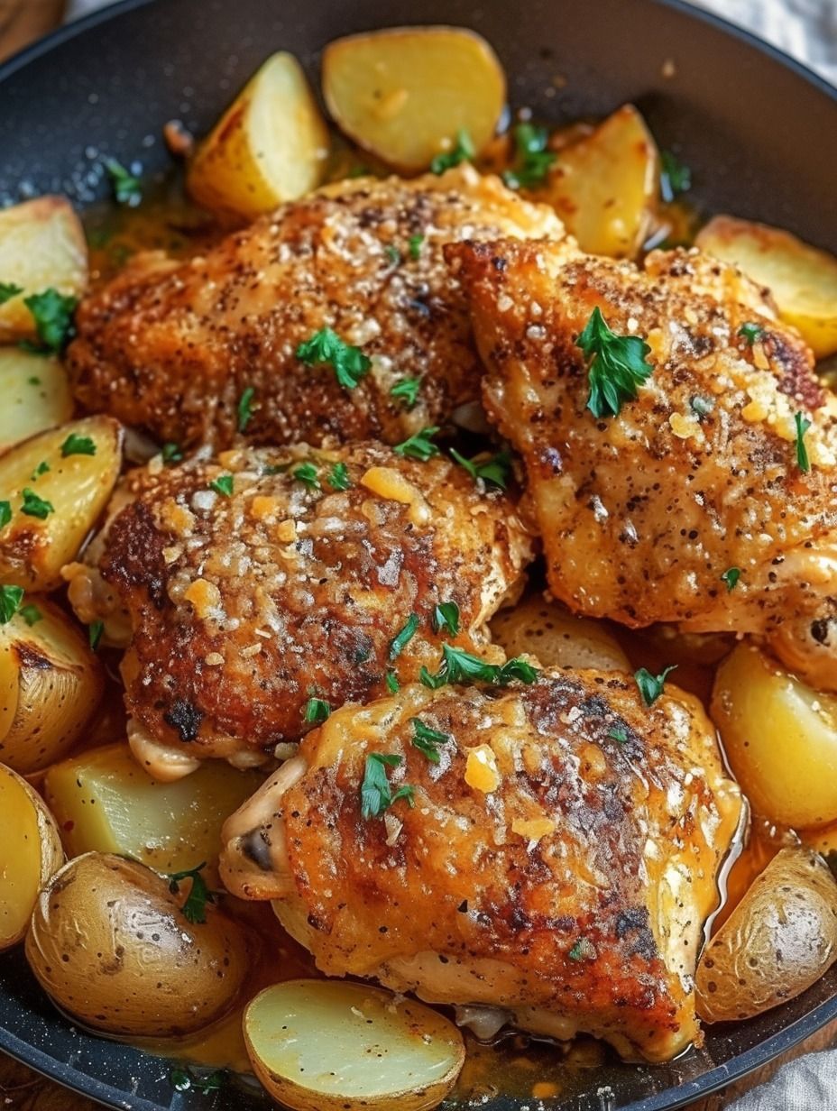 Skillet Garlic Parmesan Chicken with Crispy Potatoes