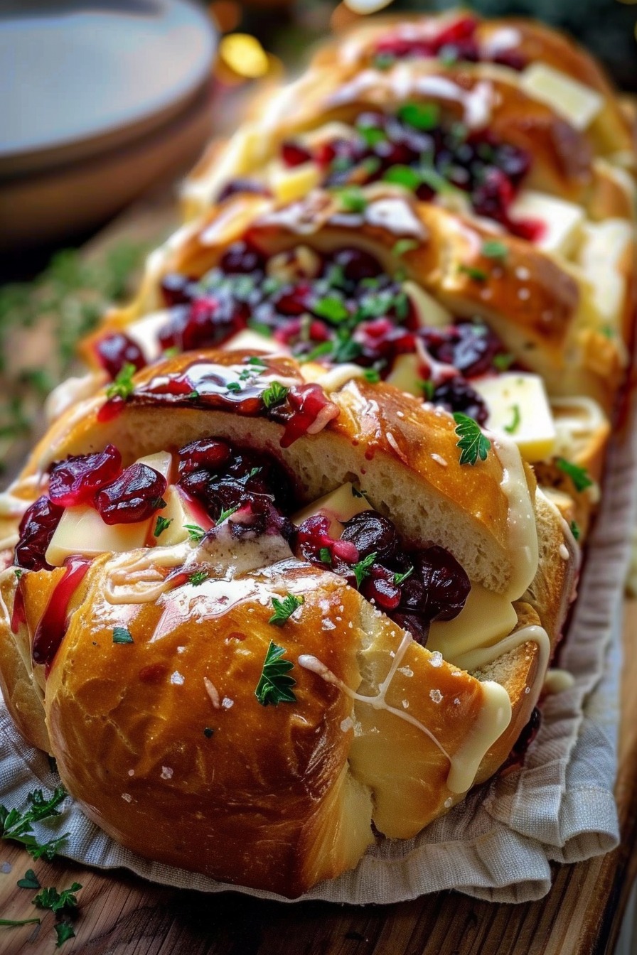 Garlic Herb Sourdough Bread Stuffed with Brie and Cranberry Sauce