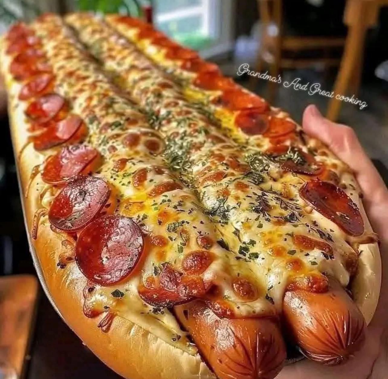 HUGE CHEESE DOG SANDWICH WITH A PIZZA SLICE INSIDE, PEPPERONI, AND A TOPPING OF MELTED CHEESE AND GARLIC BUTTER