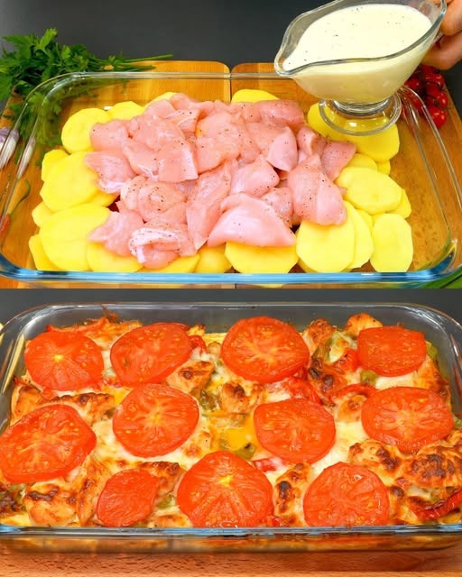 Baked Chicken and Potatoes with Creamy Topping and Fresh Salad