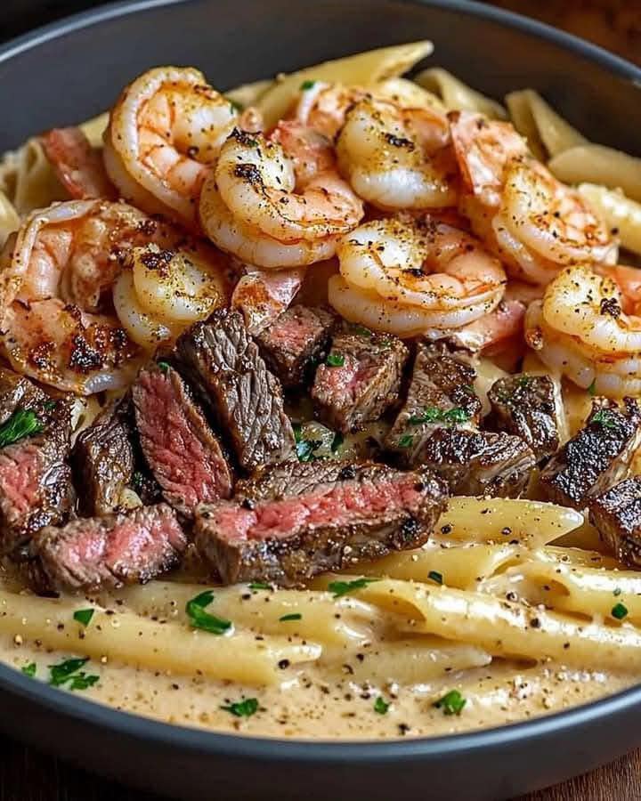 Cajun Shrimp and Steak Alfredo Pasta