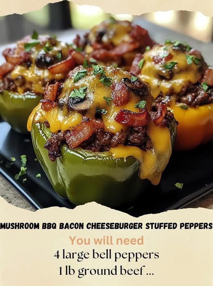 Mushroom BBQ Bacon Cheeseburger Stuffed Peppers