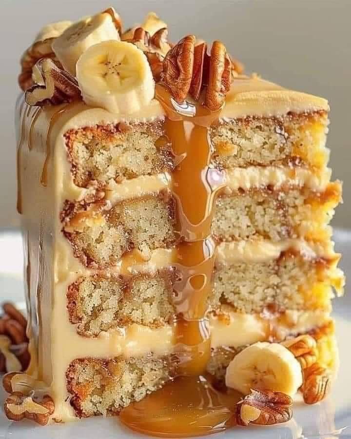 Caramel Banana Pecan Cake 