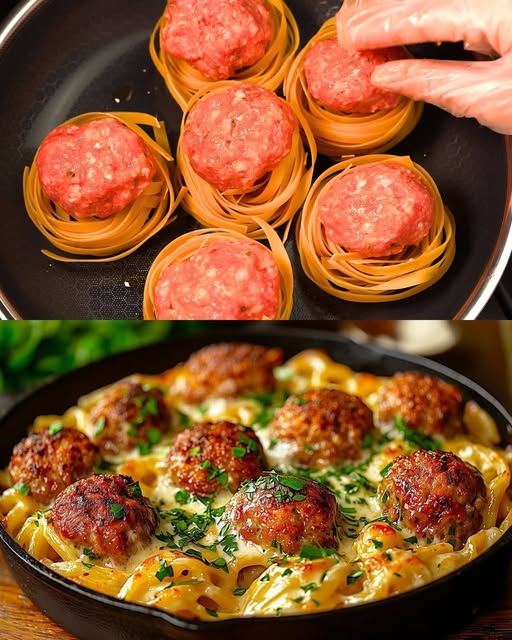 Cheesy Meatball-Stuffed Tagliatelle Nests