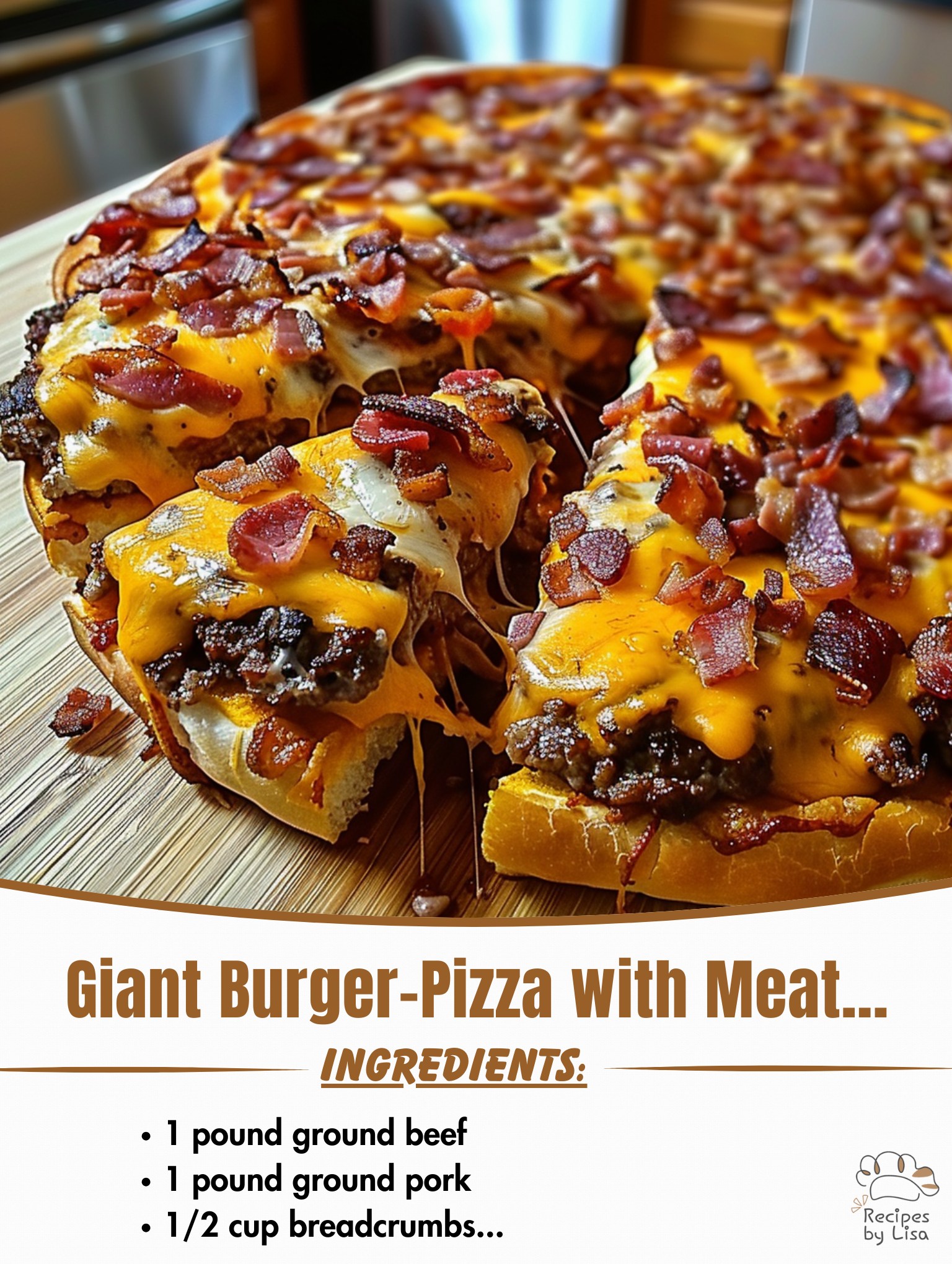 Giant Burger-Pizza with Meat, Cheese, and Bacon Slices 