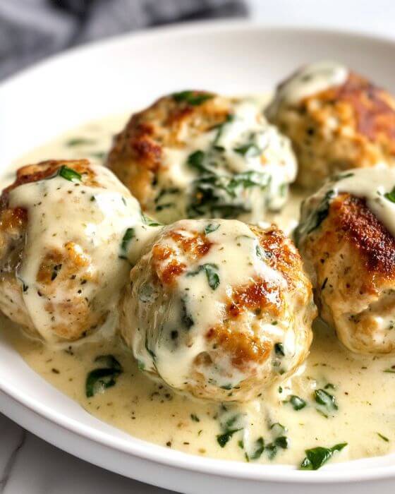 Baked Chicken Ricotta Meatballs with Spinach Alfredo