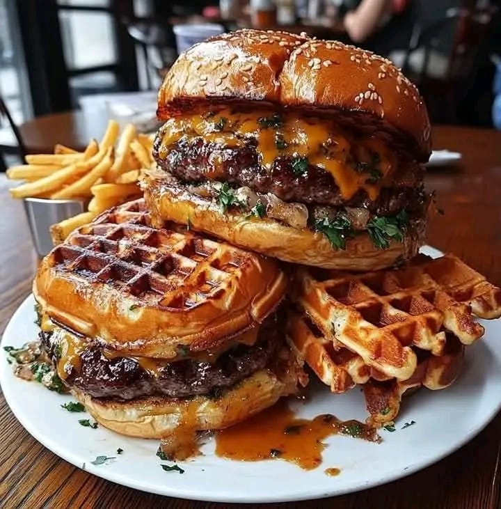 Waffle Cheeseburger with Maple Drizzle