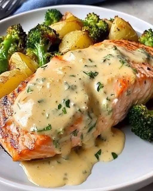 Lemon Butter Salmon with Roasted Potatoes & Broccoli