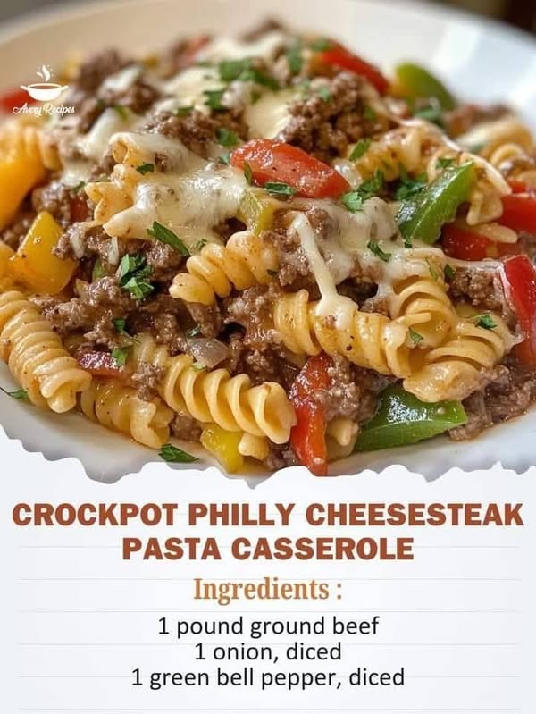 Crockpot Philly Cheesesteak Pasta Casserole