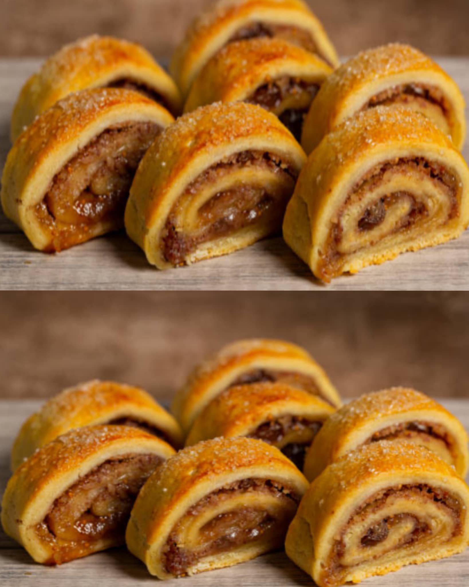 sweet rolls filled with dried fruit and sugar, rolled strudels or rugelach biscuits.