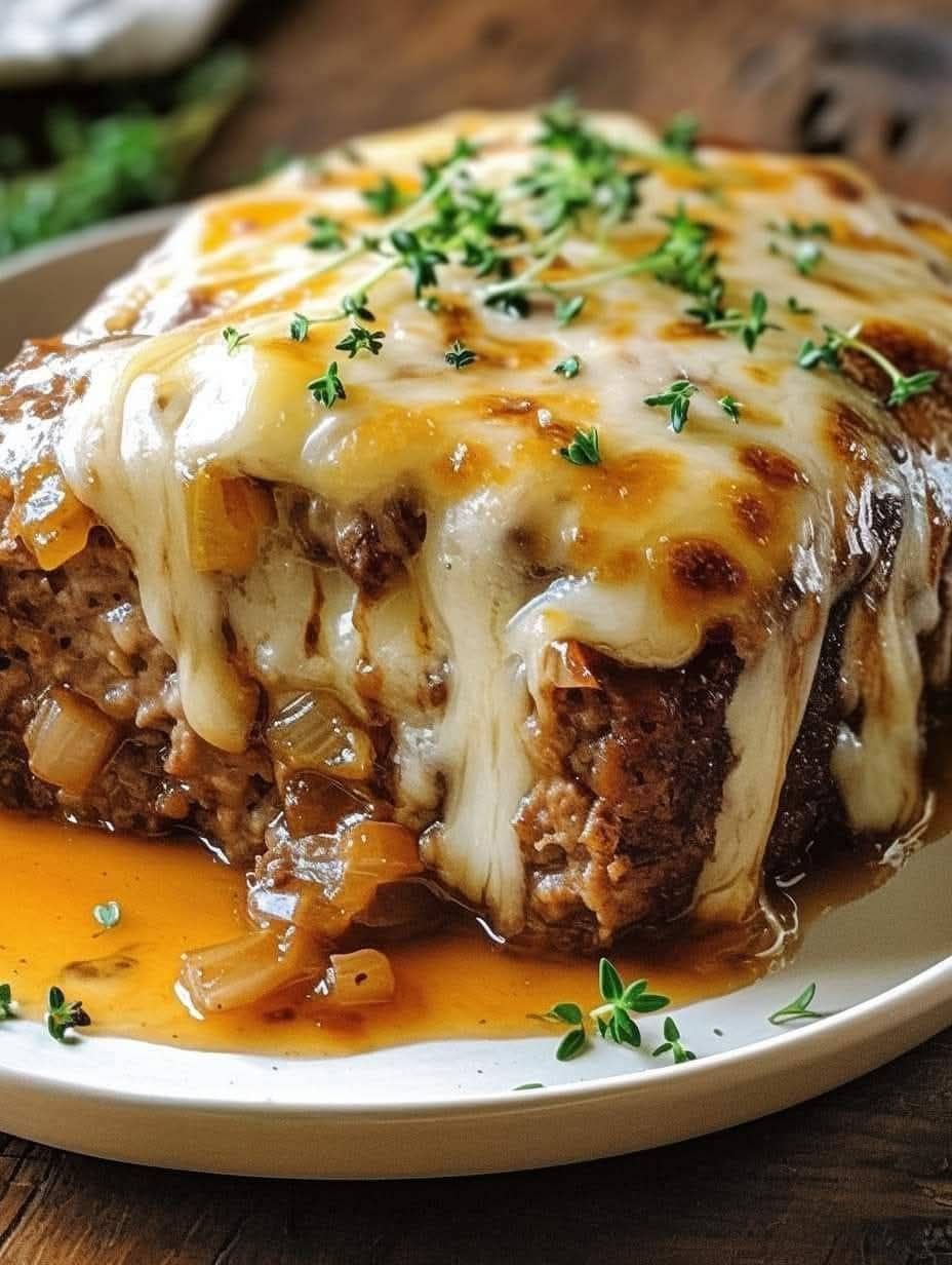 Crockpot French Onion Meatloaf with Melted Swiss Cheese 