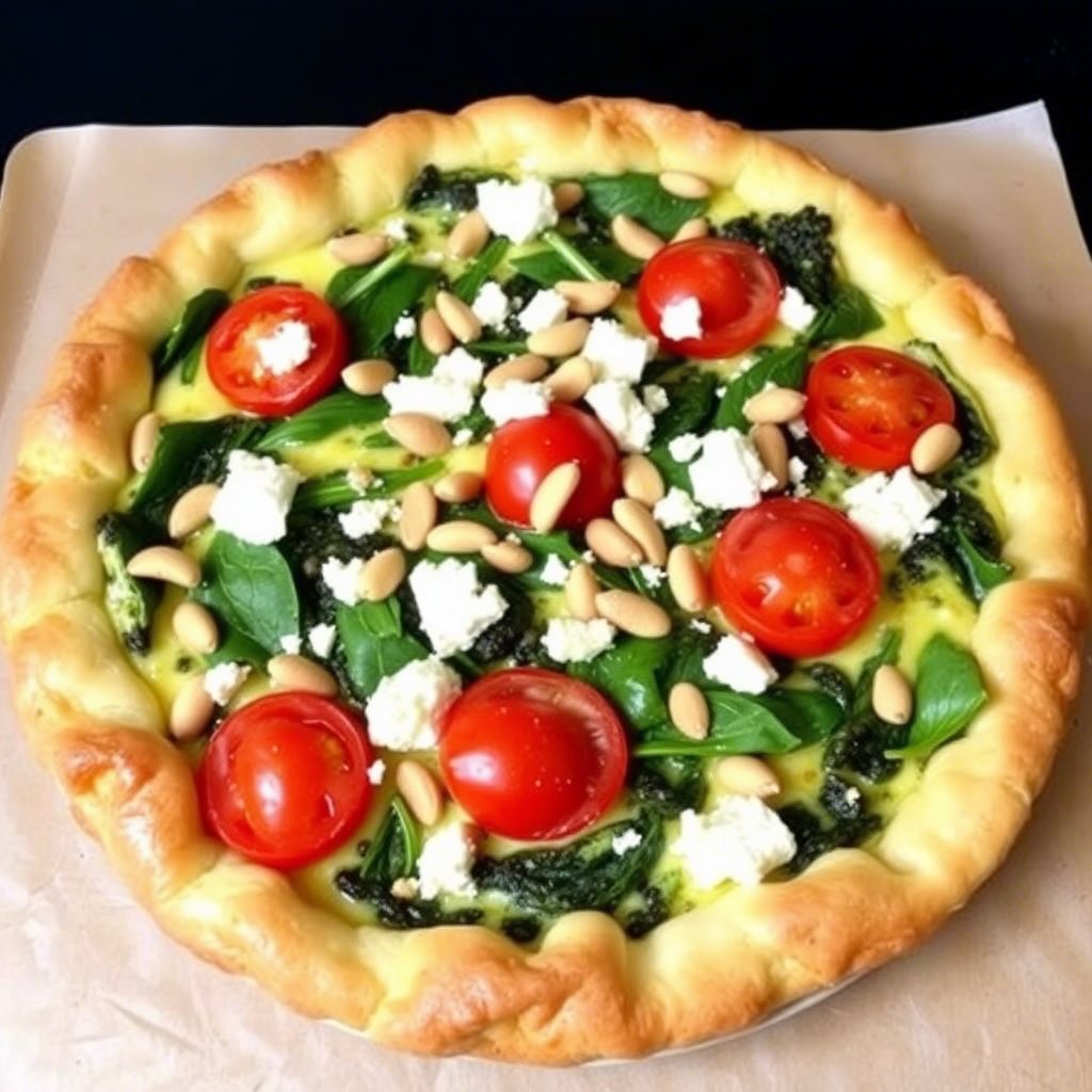 Quiche with spinach, feta, tomatoes and pine nuts