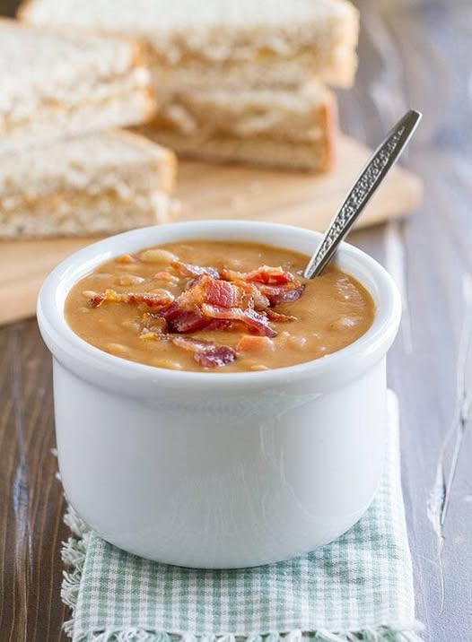 Skip the can – this Homemade Bean and Bacon Soup is hearty and filling and filled with veggies and chunks of bacon!