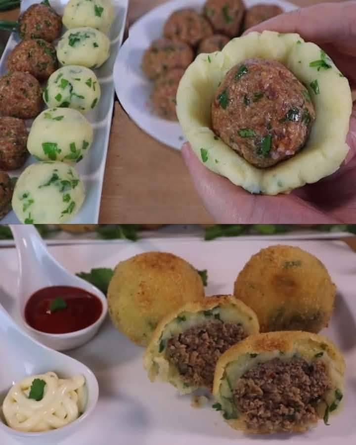 Crispy Meatballs with Cheesy Mashed Potatoes