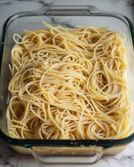 Throw the spaghetti into the casserole dish first. The magic’s all in the toppings