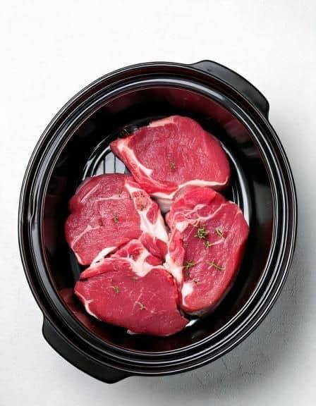 Put raw pork chops in a slow cooker with these 3 ingredients. Dinner doesn’t get easier.